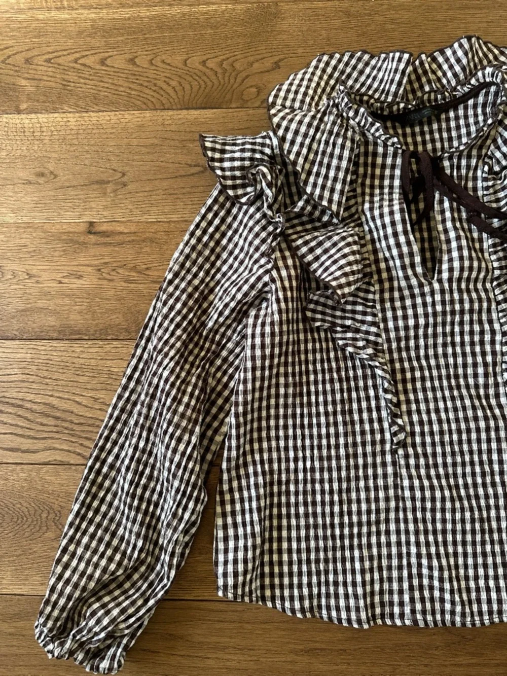 Zara Brown White Gingham Ruffle Shirt Top Sz S - Picture 10 of 14